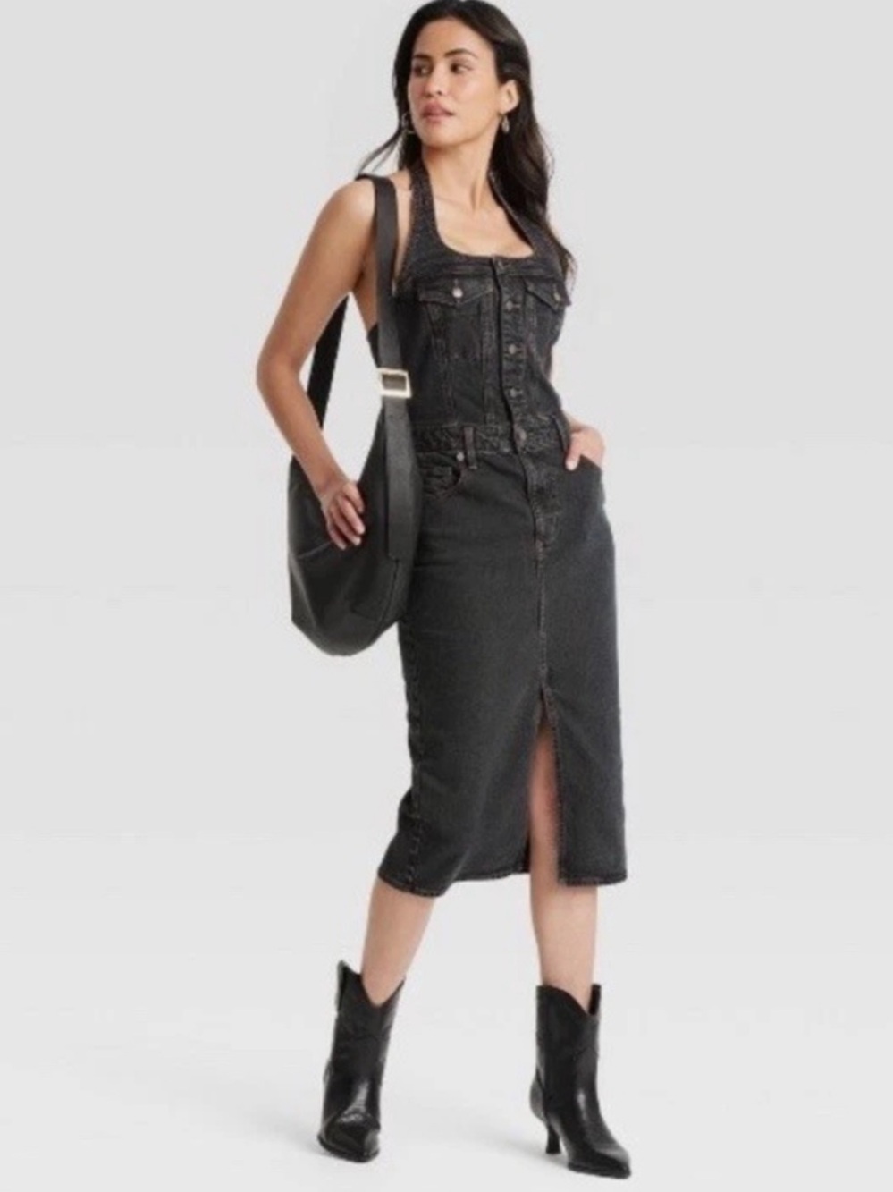 Universal Thread Black Sleeveless Denim Midi Dress with Front Slit